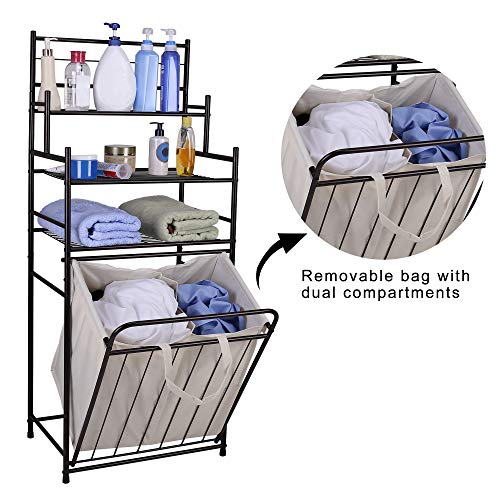 Mythinglogic Laundry Hamper with 3 -Tier Storage Shelves Bathroom Tower Storage Organizer with Dual Compartment Removeable Hamper for Bathroom, Laundry Room