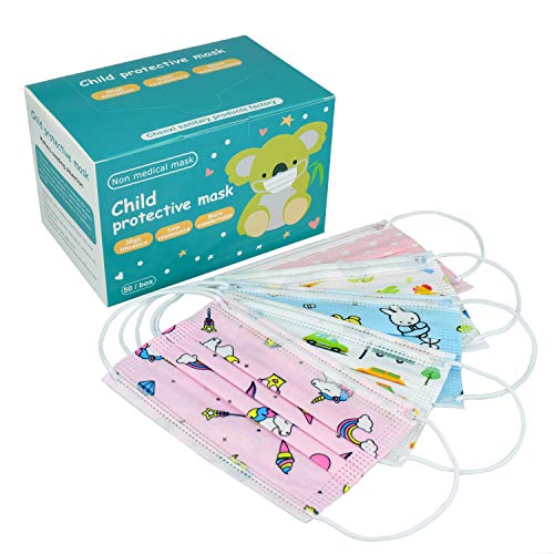 50 Pack Assorted Kids Disposable Face Masks with Designs Pleated Face