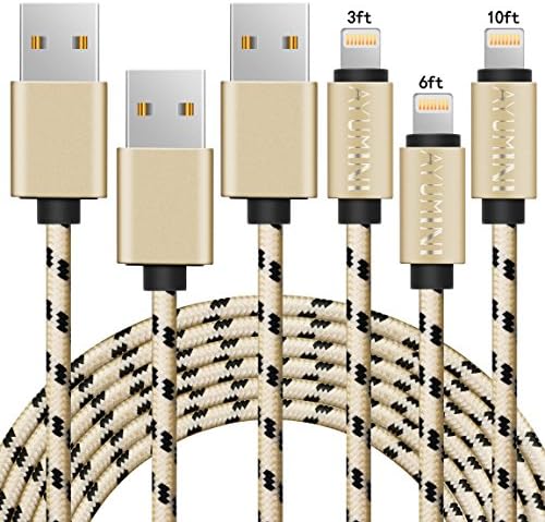 AYUMINI iPhone charger, 3Pack 3FT 6FT 10FT Nylon Braided Cord Lightning Cable to USB Charger for iPhone 7/7 Plus/6s/6s Plus/6/6Plus/5s/5c/5, iPad/iPod Models-Gold