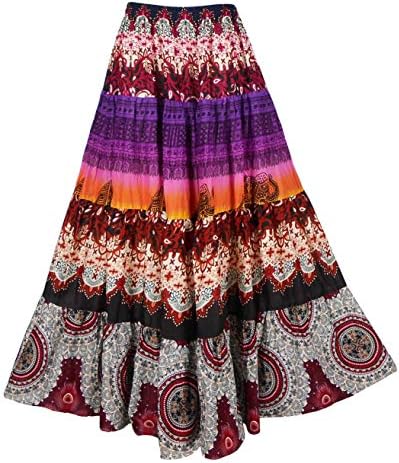 BONYA Women Hippie Boho Colorful Tiered Elastic Stretch Waist Long Skirt
