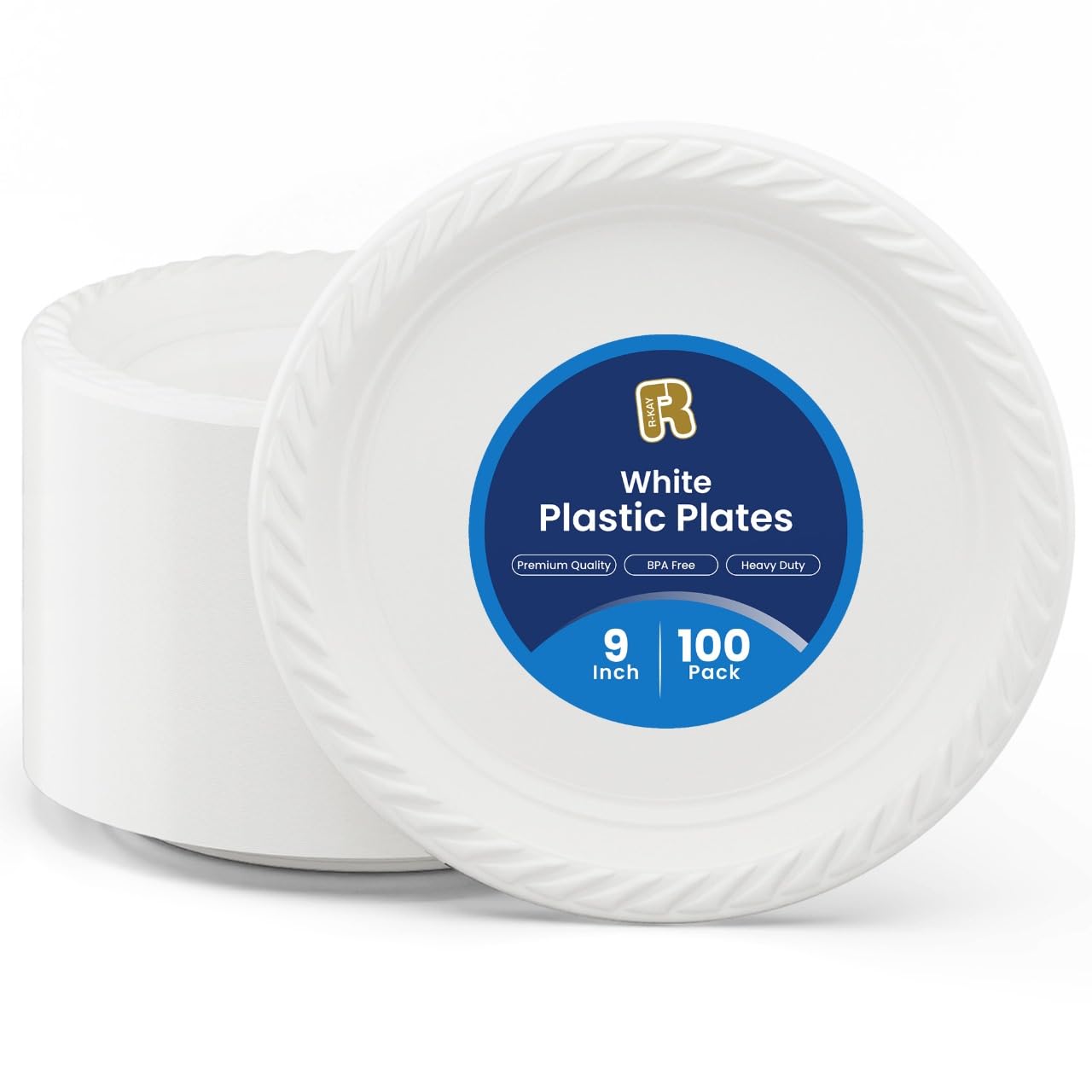 Photo 1 of R-kay 100 Pack 9 Inch Plastic Plates Disposable - Heavy Duty 9 Inch White Disposable Plates - Microwavable Disposable Plastic Plates