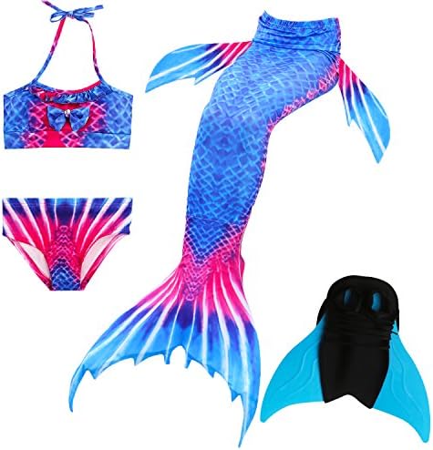 Das beste Girls Mermaid Tail Swimsuit with Monofin Girl's Mermaid Tail for Swimming,Colorful Swimmable Costume Cosplay Princess Swimwear Bikini Set Bathing Suit Set with Mono Fin Four Pcs