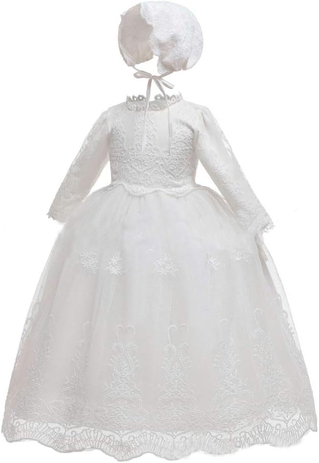 Baby Girls' Christening Dresses - Baptism Dress Lace Long Sleeve Princess Formal Party Gowns Outfit Bonnet for 0-24 Months