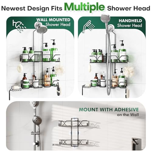 Upgraded Hanging Shower Caddy for Handheld Shower Heads,Adjustable Height Extra Long Bathroom Shower Organizer Hanger Rack with Hooks,Soap Holder