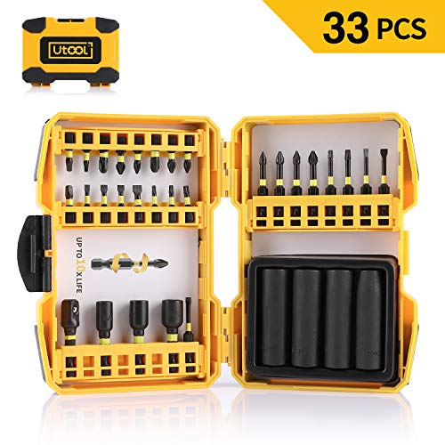 Impact Screwdriver Bit Set, Utool 33 pcs Ultratorq Impact Driving Bits and Socket Set including 25 Screwdriver Bits, 4 Impact Sockets, 3 Magnetic Nut Drivers and 1 Socket Adapter.