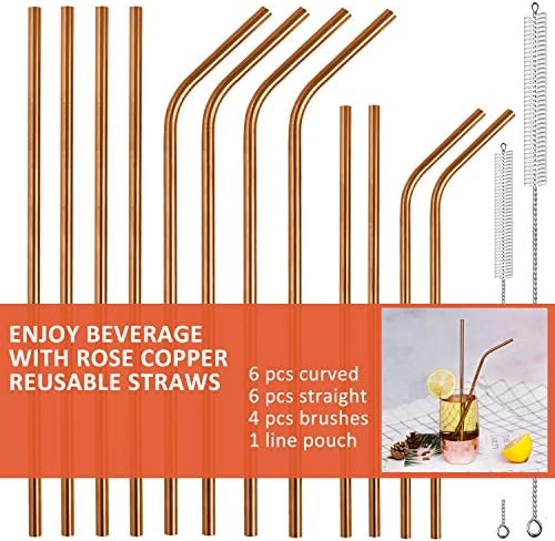 LIFNY Stainless Steel Straws Reusable Straws Drinking Metal Straws12pcs (Copper Color 6 Straight & 6 Bend Straws 10.5")