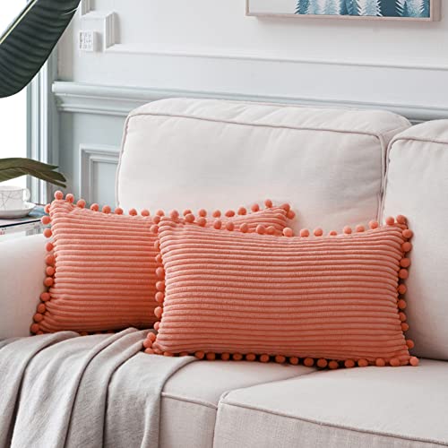 Fancy Homi Pack of 2 Coral Decorative Throw Pillow Covers 14x24 Inch with Pom-poms for Living Room Couch Bedroom, Soft Corduroy Peach Solid Lumbar Cushion Case 35x60 cm, Rustic Farmhouse Home Decor