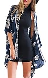 Cami-sunny Women Kimono Cardigan Coat Floral Printed Chiffon Blouse Top (Large, Deep blue)