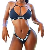 Two Pieces Sexy Women Letter Print Push up Bikini Set Triangle Thong Bathing Suit (US 10/XL, Black-2)