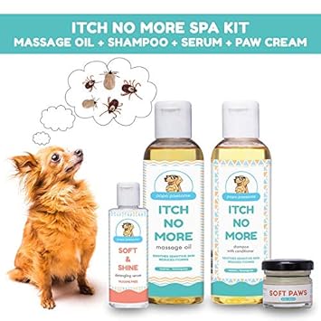 Papa Pawsome Itch No More Spa Kit - Itch No More Massage Oil 250ml + Itch No More Shampoo with Conditioner 250ml + Soft & Shine Detangling Serum 50ml + Soft Paws Cream 30g