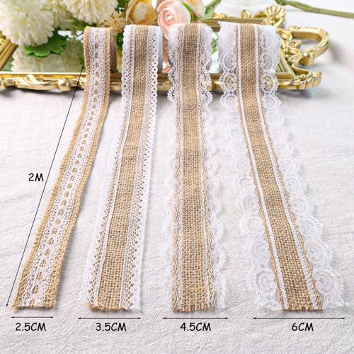 VGOODALL 4 Rollen Juteband Mit Spitze, Juteband Vintage Spitzenband Natürliche Sackleinen Hessische Juteband für Tischdeko Basteln Geschenkband DIY Handwerk