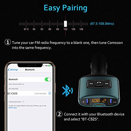 Bluetooth FM Transmitter, Comsoon Wireless Radio Adapter Receiver Car Kit with 18W USB Type-C Car Charger Port & 5V/2.4A Dual USB Ports, Support USB Flash Drive, Hands-Free Calling - Thumbnail 6