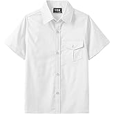 QBK Boys' Cotton Linen Short Sleeve Classic Button Down Shirts Boys Dress Shirt with Chest Pocket for 2T-16 Years