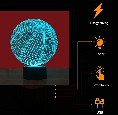 AZIMOM 3D Illusion Night Light, 7 Colors Changing Nightlight for Kids with Smart Touch Optical Illusion Bedside Lamps Bedroom Home Decoration for Kids Boys & Girls Women Birthday Gifts (Basketball)