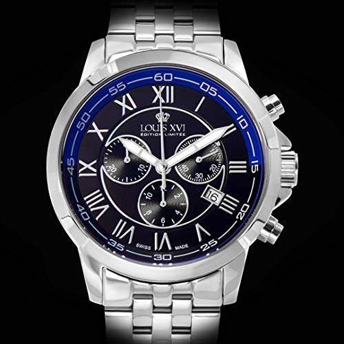 LOUIS-XVI-Herren-Armbanduhr-Aramis-Stahlband-Silber-Schwarz-Blau-Chronograph-Analog-Quarz-Edelstahl-792