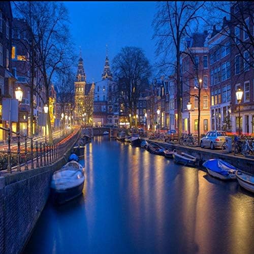 Wallpaper Mural Blue Wallpaper Amsterdam Netherlands Canal City Street Night View Wallpaper 3D Foto Wall Mural Papel Pared-260x420cm