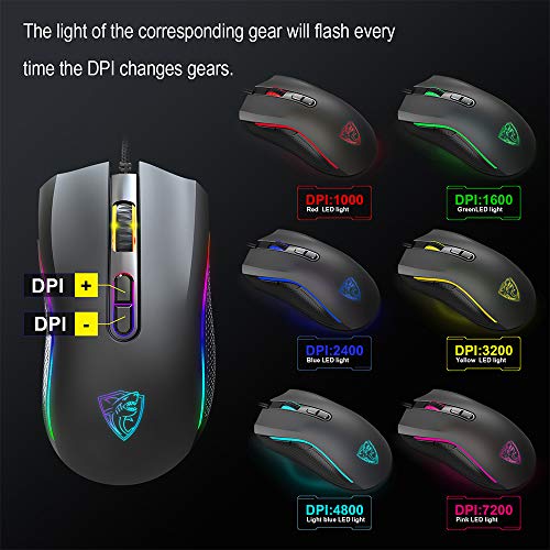 GTRACING Gaming Mouse 7200 DPI 7 Programmable Rgb Wired Ergonomic Game Usb Computer Mice Rgb Gamer Desktop Laptop Pc Gaming Mouse, Breathing Light 7 Buttons for Windows 7/8/10/XP Vista , Black