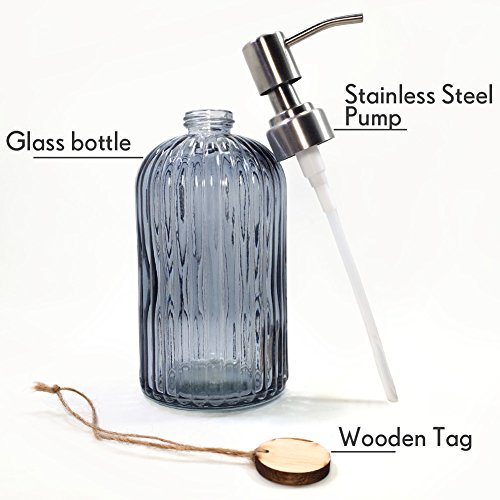 JASAI 18 Oz Glass Soap & Lotion Dispenser with Rust Proof Stainless Steel Pump, Refillable Liquid Pump Bottle Holder Great for Kitchen, Bath, Bathroom Accessories, Countertop (Clear Grey)