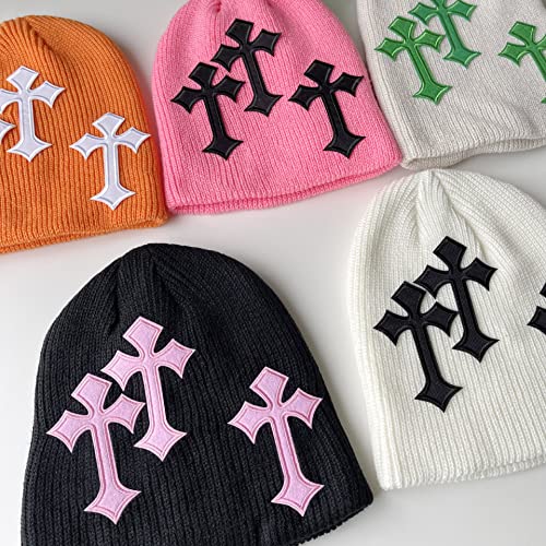 Pooyikoi Y2K Dark Cross Wool Hat Cross Pattern Fashion Loose Pile Hat Slim Knit Hat Cold Hat Autumn and Winter(Black,One Size)