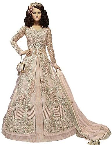 Aone fashion Women's Stylish Net Bridal Wear Gown Style Anarkali Lehenga + Pant Suit (Pink Peach Color,Free Size)