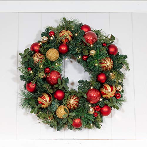 [30 Inch Artificial Christmas Wreath] - Christmas Classic Collection - Red and Gold Decoration - Pre Lit with 50 Warm Clear LED Mini Lights - Includes Remote Controlled Battery Pack with Timer - Thumbnail 5