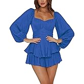 LYANER Women's Jumpsuit Lantern Long Sleeve Ruffle Layer Tie Mini Short Romper