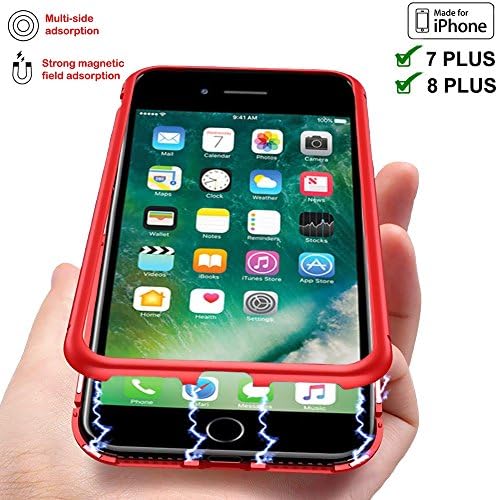 【TECHGLEE】Magnetic Adsorption Case for IPhone 7 Plus Clear Tempered Glass Back [Metal Frames] Full Body Slim Fit Ultra-Thin Case, Luxury Transparent Magnet Case IPhone 8 Plus Ultra Protect(Red Frame)