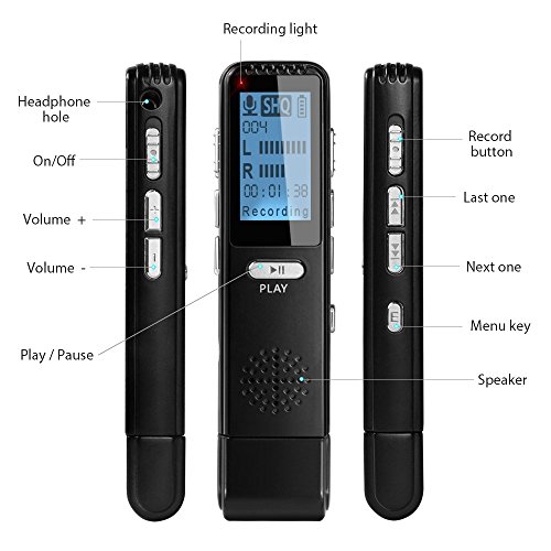 Digital Voice Recorder, MAOZUA 8GB Rechargeable Voice-Activated Recorder MP3 Player Sound Audio Recorder with Metal Casing for Lectures Meetings - Black