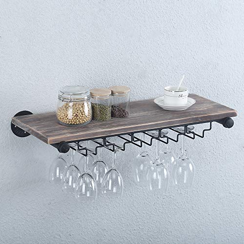 Industrial Pipe Shelving Hanging Stemware Racks,Rustic Wall Mounted Wine Rack with 5 Glass