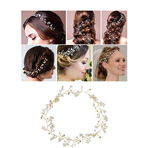 34 Pack Gold Vintage Retro Rustic Wedding Bridal Long Hair Vine Headpiece Jeweled Headbands Crystal Beads Rhinestone Pearl Flowers Leaf Chain Tiara Crown Floral Wreath Hairband Hair Clips Bobby Pins