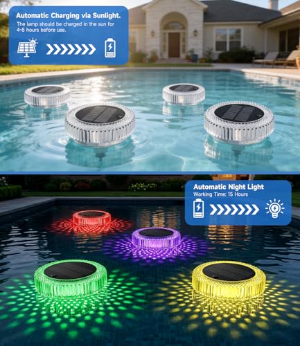 Solar Float Lights for Swimming Pool, 7 Colors RGB + Running Effect, IP68 Waterproof, 4 Brightness Levels, 10m Remote Control, Timer 2/4/6h - for Pool, Pond, Garden, Party Decoration