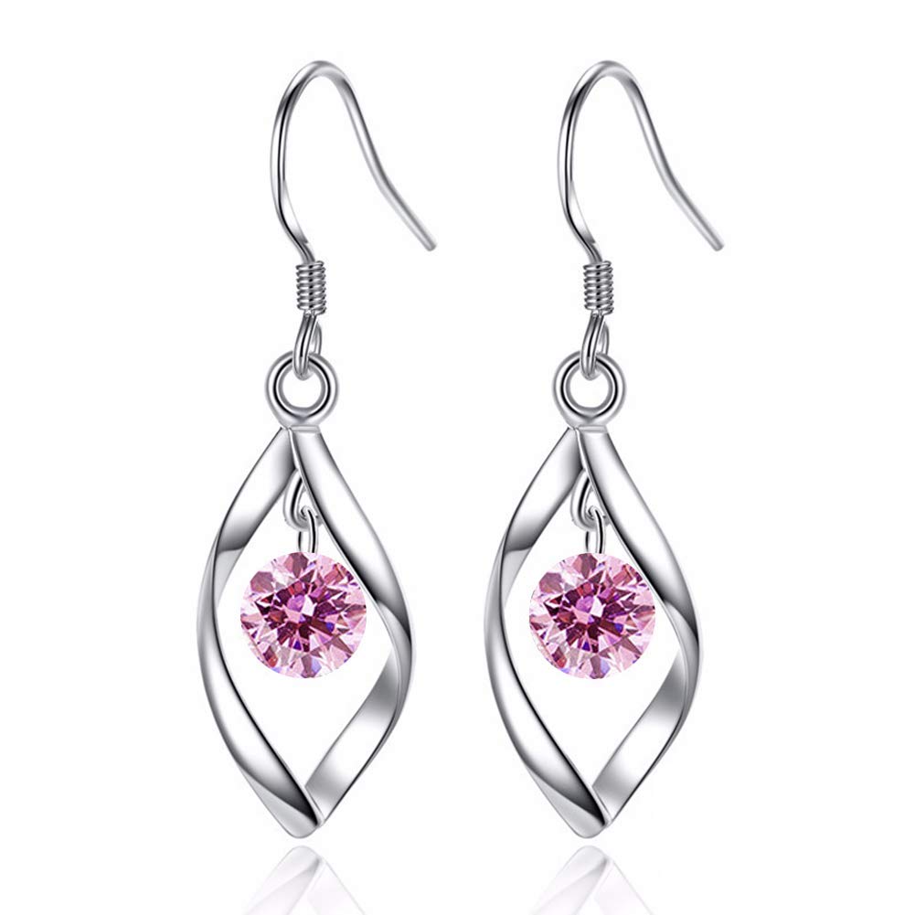 Zolkamery Silver Drop Earrings, 925 Sterling Silver Drop Earrings for Women, Teardrop Twist Dangle Earrings with Pink 5A Zircon, White Gold Dangly Hook Earrings for Ladies, Gifts for Girls Birthday