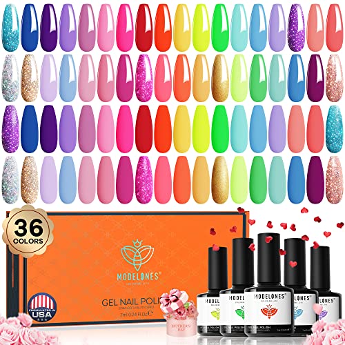 Modelones 36 Pcs Gel Nail Polish Kit, Summer Rainbow Neon Pride Gel
