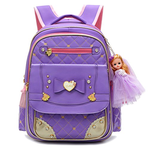 Ali Victory Waterproof PU Leather Kids Backpack Cute School Bookbag for Girls (Large, Purple)
