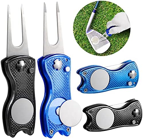 QWDLID 4 Pieces Foldable Golf Divot Repair Tool All Metal Divot Tool Switchblade with Magnetic Golf Ball Marker and Pop-up Button