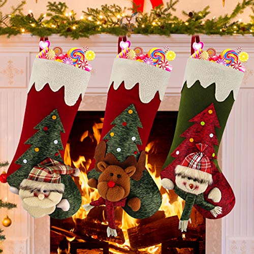 Dreampark Christmas Stockings, 3 Pcs Big Xmas Stockings Santa Snowman Reindeer Character for Holiday Home Decor Xmas Tree Decorations and Party Supplies (Style 5)