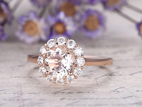 7mm Round Cut 1.2ctw VS Natural Pink Morganite Solid 14k Rose Gold Moissanite Floral Halo Engagement Ring Bridal Wedding Band Promise Proposal Retro