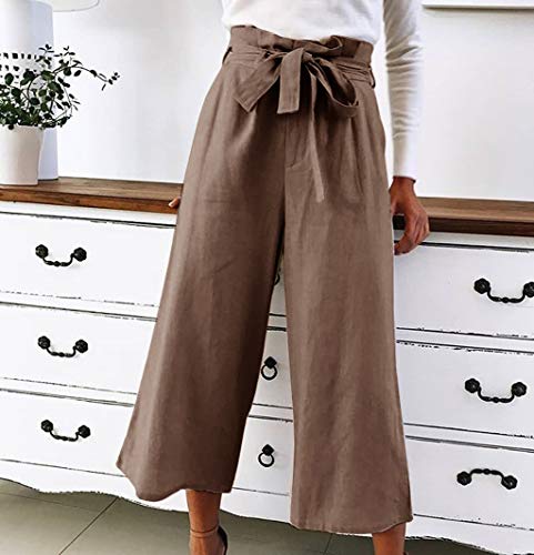 Pervobs Women's Wide Leg Pants Wild Casual Loose Solid Belt Cropped Trousers Pant Straight Fit(S, Z02-Khaki)
