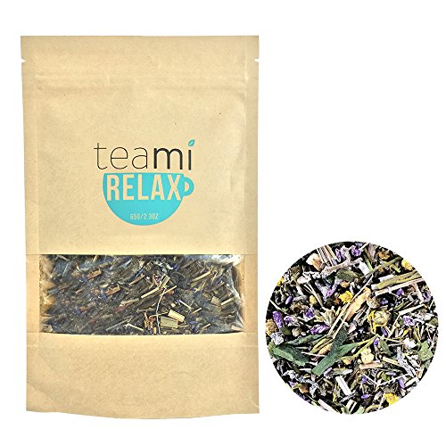 NIGHT TIME CHAMOMILE RELAX Tea by TeaMi Blends - Best for Night Time Before Sleep, Stress Relief, & to Calm the Mind with 100% All-Natural Valerian Root, Lavender, and Peppermint. Caffeine Free!