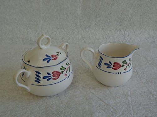 Nikko Provincial Avondale Pattern Creamer & Sugar Bowl w/ Lid Set Red & Blue Flowers w/ Blue Trim