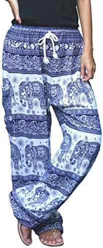 Thaisicha - Harem Pant Handmade in Thailand - High Quality Harem Trousers for men and women - Blue & White Elephant - Genie, Aladin, Hippie, Yoga, Zumba