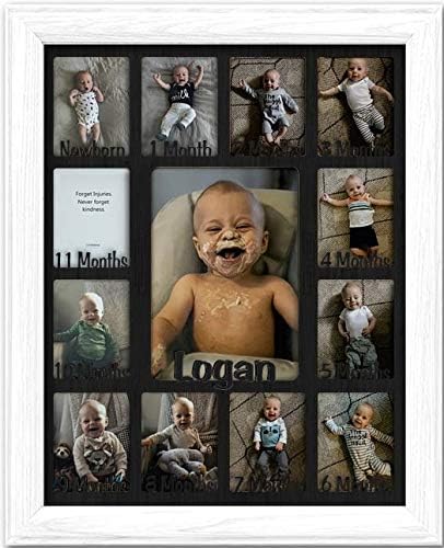 Northland Baby First Year Personalized Frame - Holds Twelve 2.5" x 3.5" Newborn Nursery Decor Photos and 5" x 7" One Year Picture, White Frame, Black Mat, Customizable with any name