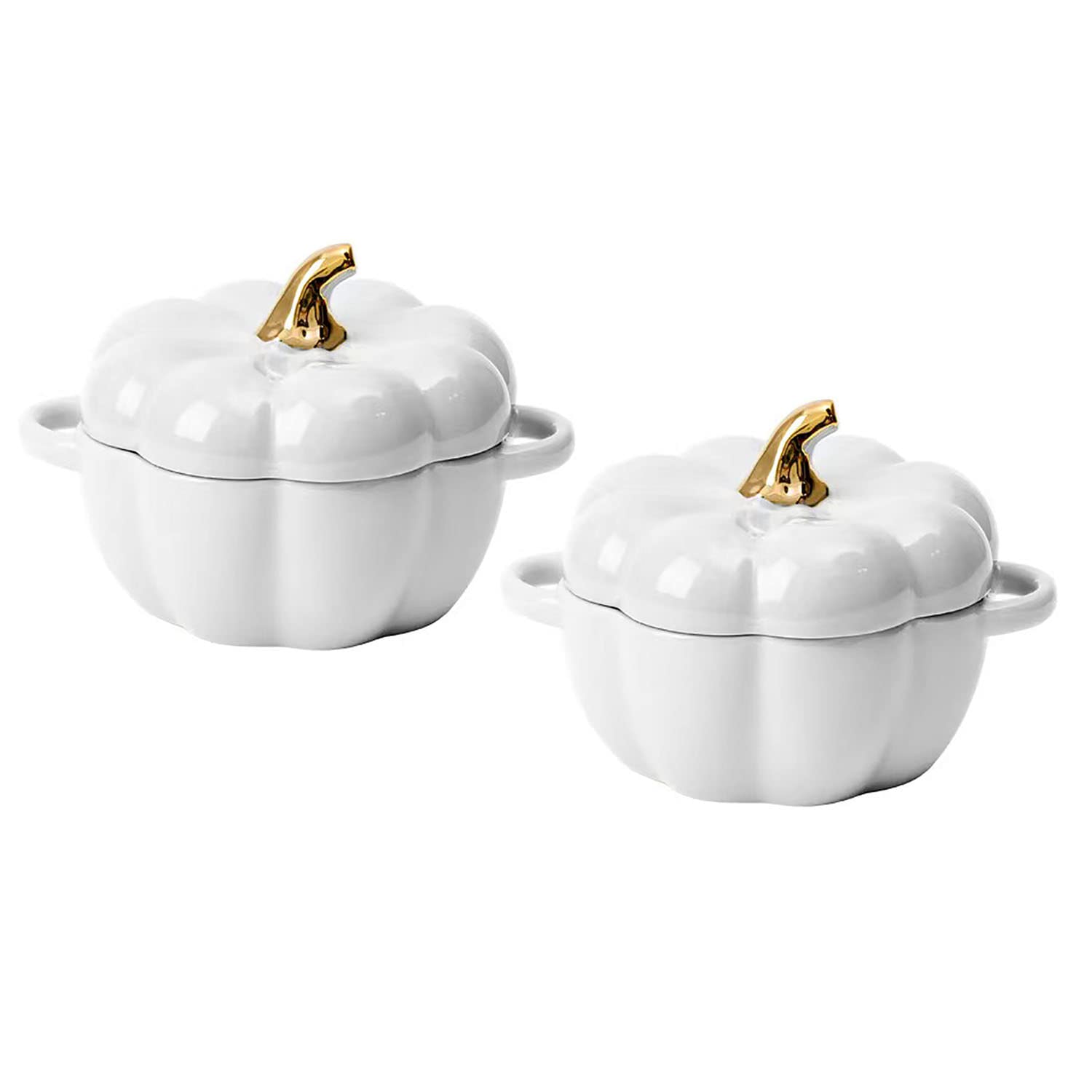 Photo 1 of Pumpkin Bowl Set with Lid and Handle, Set of 2 Ceramic Ramekins for Baking, Casserole Dish Individual Severing Pot, Stoneware, Oven Safe, 14 Oz (White)