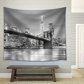 Brooklyn Bridge and New York City Manhattan Downtown Skyline at Dusk with Skyscrapers - Fabric Wall Tapestry Home Decor - 51x60 inches
