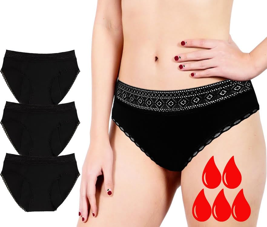 Very abundant flow menstrual panties - hygienic underwear made of organic cotton - anti-urinary leakage and incontinence - 4 layers of absorbent protection - washable ruler panties black for women,