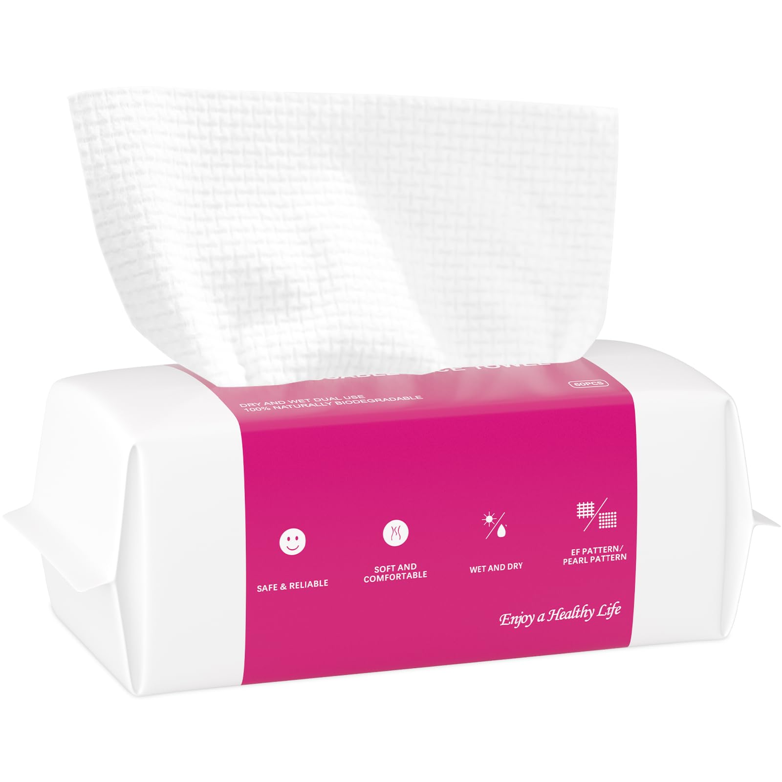 Disposable Face Towel 60 Count, 20 x 20cm Cotton Tissue Dry Face Wipes Skin Clean, Unscented and Ultra Soft Disposable Face Towelette for Washing Face, Makeup Removing (EF Pattern)