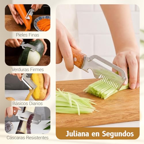 Pelador Multifuncional de Verduras 2026 Upgrade con Mango de Madera, Cuchillo Pelador de Acero Inoxidable 3 en 1, Rallador de Cebolla y Abridor de Botellas, para Cocina, Camping y BBQ (2pcs)