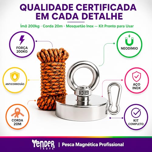 Tender Trove Kit Pesca Magnetica Ima Neodimio 200kg, 60mm, Corda Trancada 20 Metros, Mosquetao Aco Inox, Recuperacao Objetos Metalicos Rios Lagos