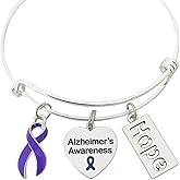 Alzheimers Awareness Bracelet Silver Adjustable Bangle with Purple Ribbon Heart and Hope Charms Handmade Support Gift Jewelry for Women