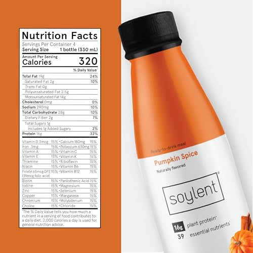 SOYLENT COMPLETE MEAL REPLACEMENT SHAKE, PUMPKIN SPICE, 16G COMPLETE PROTEIN, READY-TO-DRINK PLANT BASED PROTEIN DRINK, 1G SUGAR, 11OZ (4 PACK)